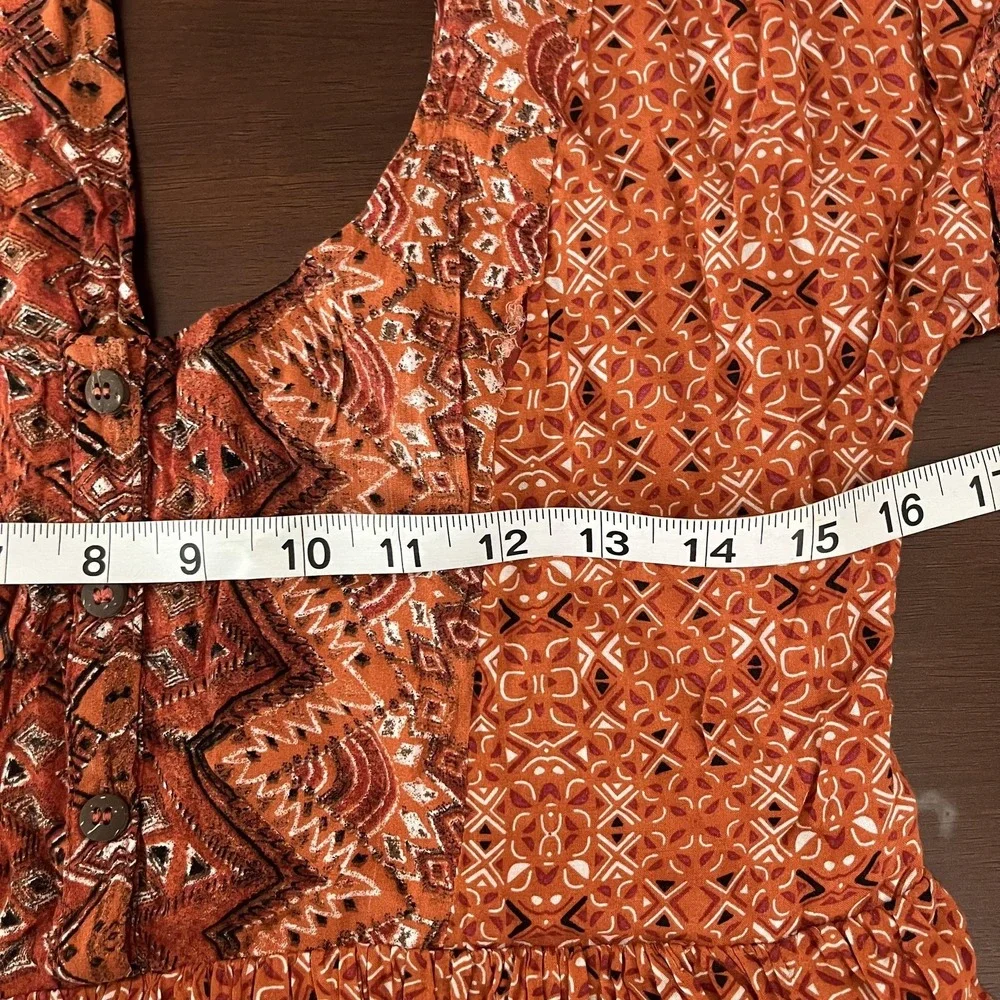 Free People Dress Womens XS Orange Geometric V Neck Button Front Backless Boho - Picture 6 of 7